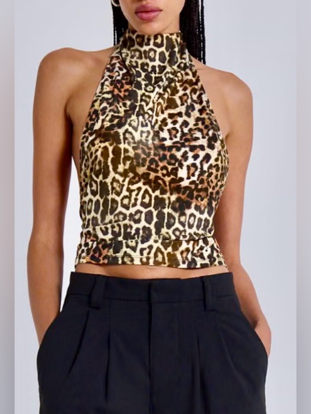 White Fox Leopard / Cheetah Print Open Back Tie Neck Halter Crop Top